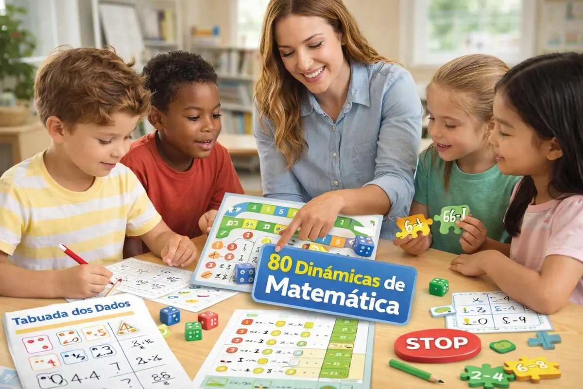 Professora aplicando as dinâmicas de matemática com um grupo de crianças