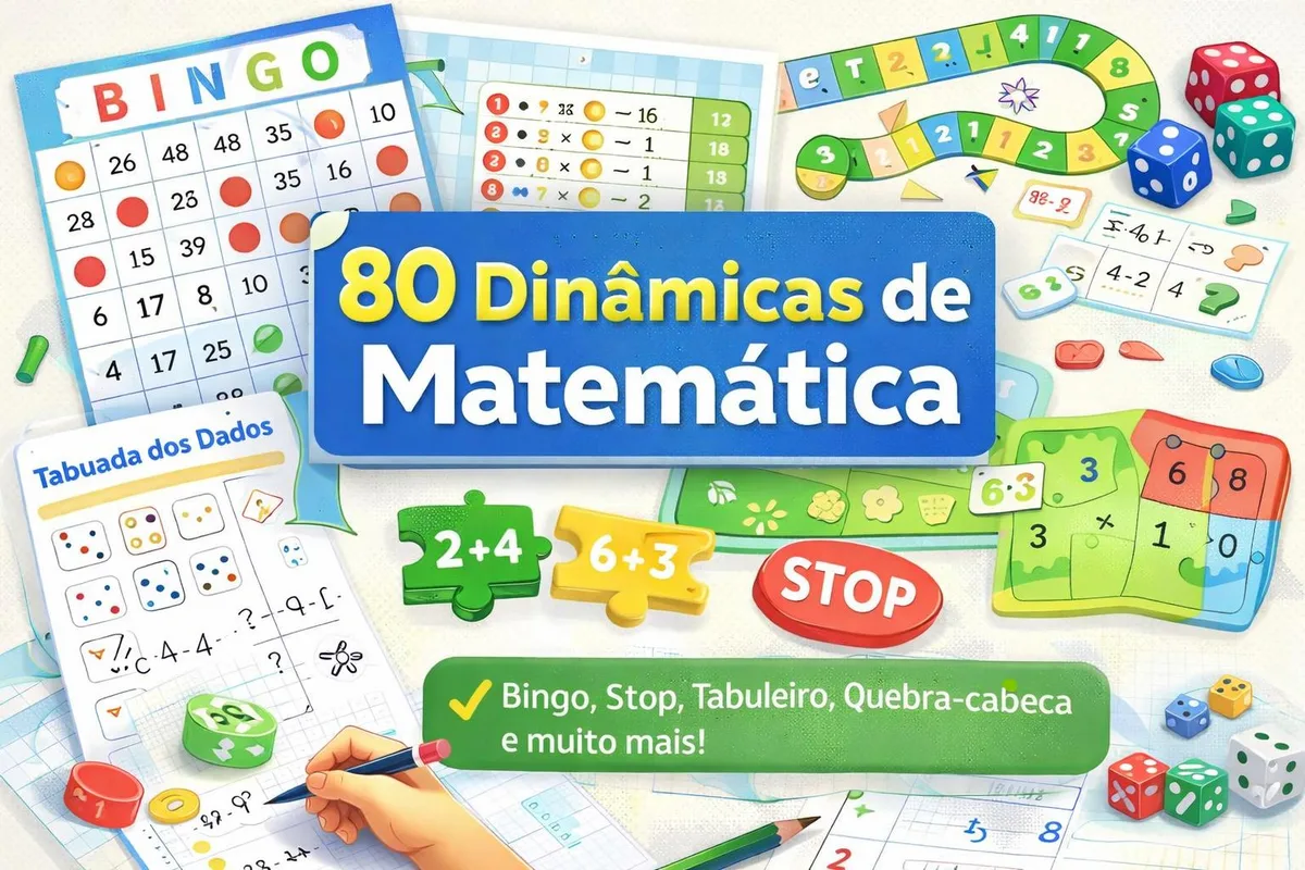 Mockup das 80 Dinâmicas de Matemática: bingo, tabuleiro, quebra-cabeças e fichas de atividades